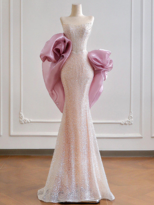 Mermaid Sequins Strapless Pearls Prom Dress