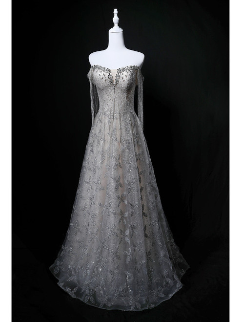 Champagne Sequins Strapless Beading Prom Dress