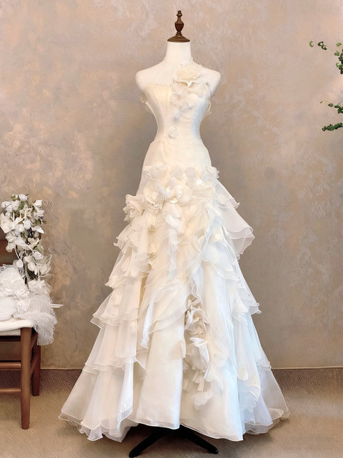 Beige White Tulle Halter 3D Flower Wedding Dress