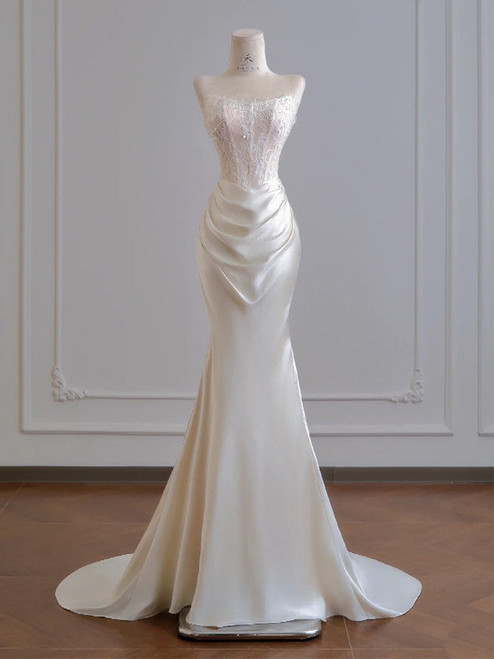White Mermaid Satin Lace Strapless Wedding Dress