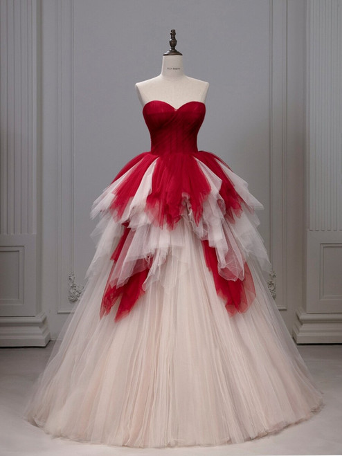 Red Tulle Strapless Prom Dress