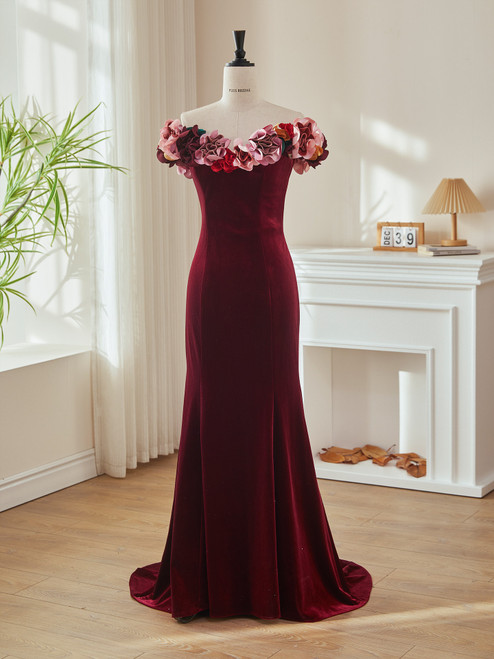 Burgundy Mermaid Off the Shoulder 3D Flower Prom Dress