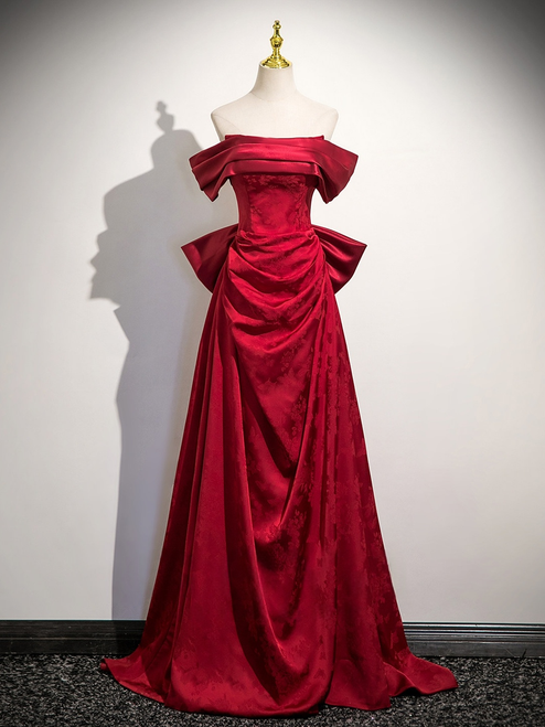 Burgundy Satin Off the Shoulder Bow Prom Dress