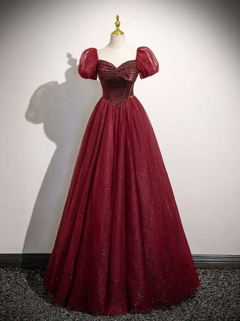 Burgundy Tulle Sequins Puff Sleeve Prom Dress