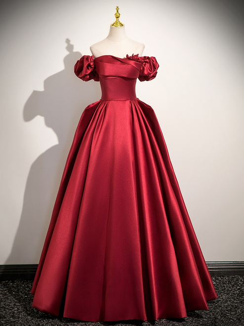 Burgundy Satin Puff Sleeve Flower Prom Dress