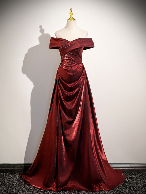 Burgundy Satin Off the Shoulder Pleats Prom Dress