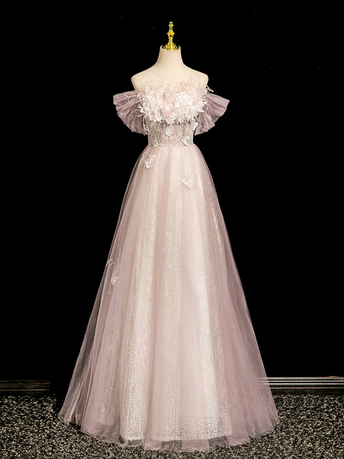 Pink Tulle Sequins Flower Prom Dress