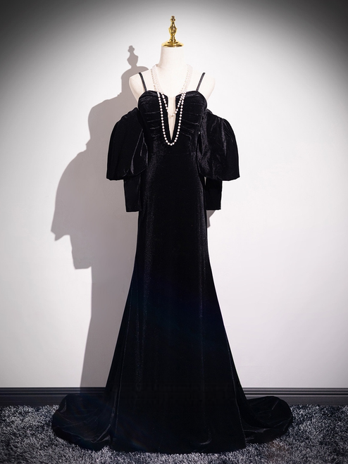 Black Velvet Spaghetti Straps Long Sleeve Prom Dress