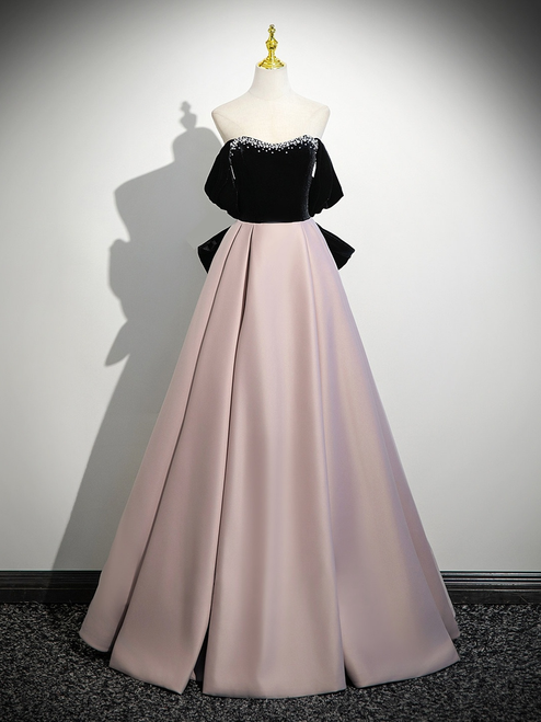 Pink Satin Off the Shoulder Velvet Pearls Prom Dress