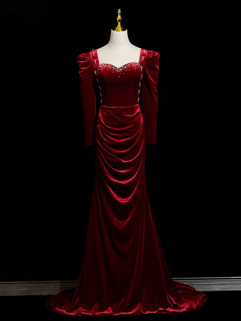 Burgundy Velvet Long Sleeve Pleats Prom Dress