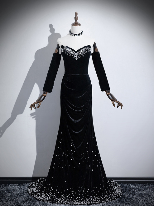 Black Mermaid Velvet Strapless Pearls Prom Dress