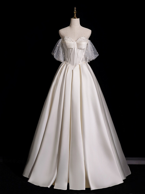 White Satin Strapless Pearls Wedding Dress