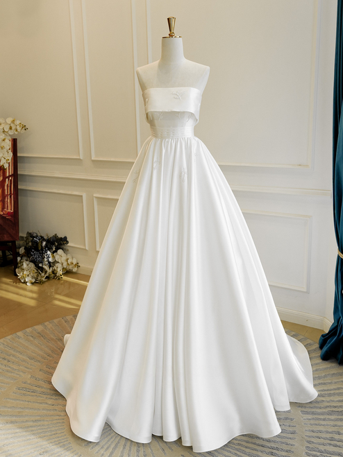White Satin Strapless Pleats Beading Wedding Dress