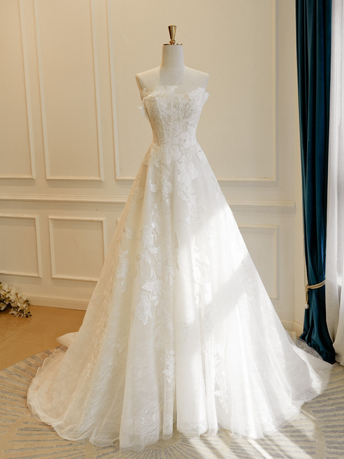 White Sequins Lace Strapless Wedding Dress