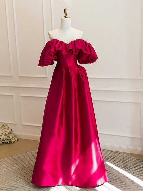 Fuchsia Satin Off the Shoulder Prom Dress