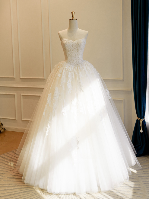 Ivory Tulle Lace Strapless Wedding Dress