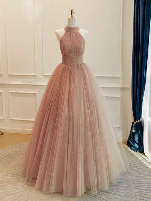 Pink Tulle Pleats Backless Prom Dress