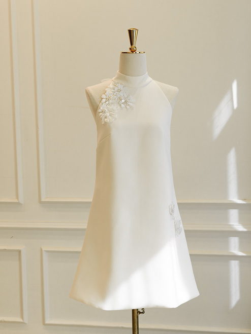 White Halter Backless Flower Wedding Dress