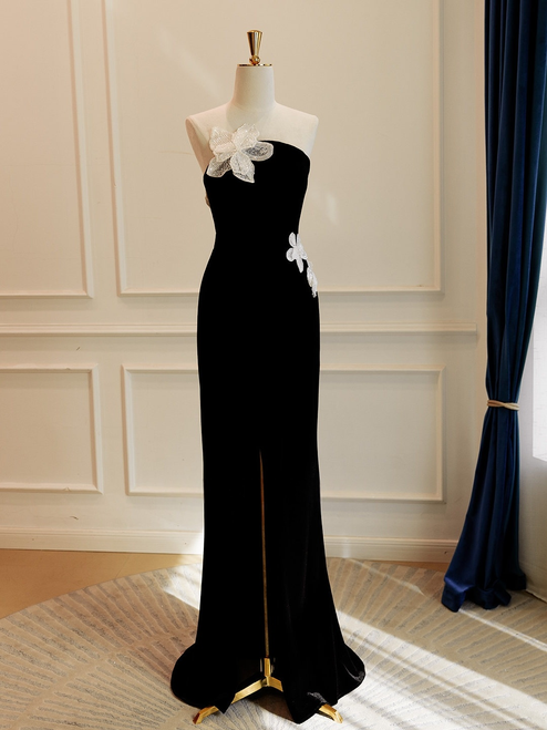 Black Velvet Strapless Flower Prom Dress