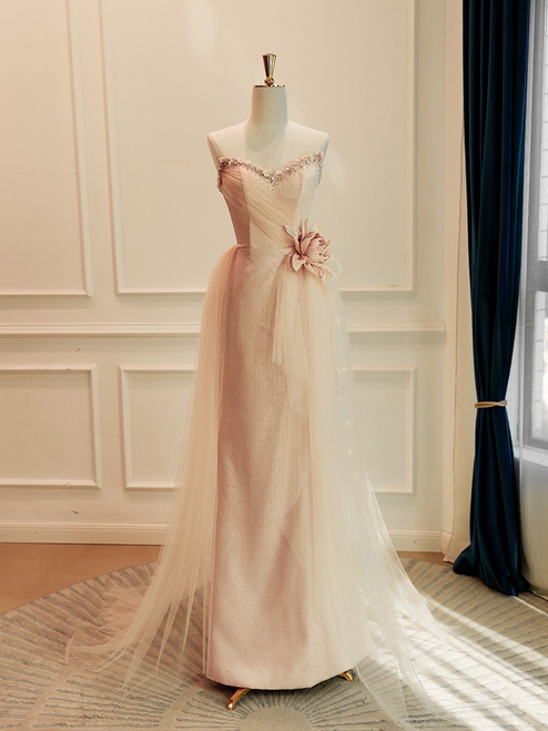 Pink Tulle Strapless Pleats Beading Prom Dress