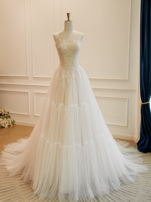 Simple Tulle Lace Spaghetti Straps Wedding Dress