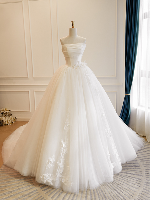 White Tulle Strapless Pleats Flower Wedding Dress