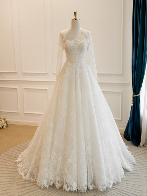 White Tulle Lace Strapless Wedding Dress With Jacket