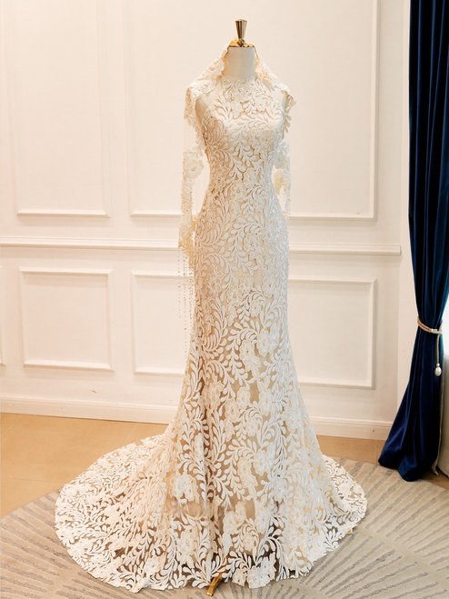 Champagne Mermaid Sequins Lace Halter Wedding Dress