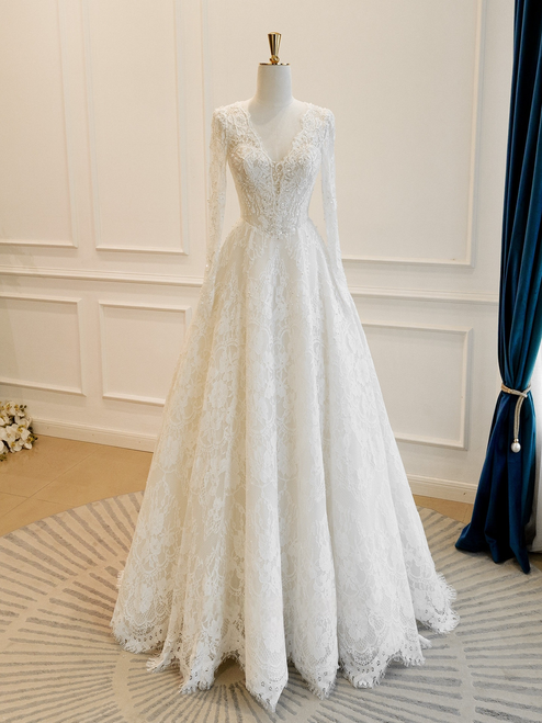 White Lace Long Sleeve V-neck Wedding Dress