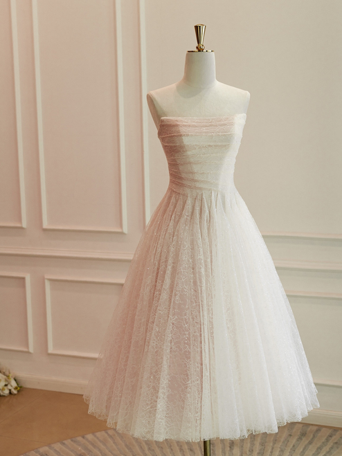 Pink Lace Strapless Pleats Short Prom Dress