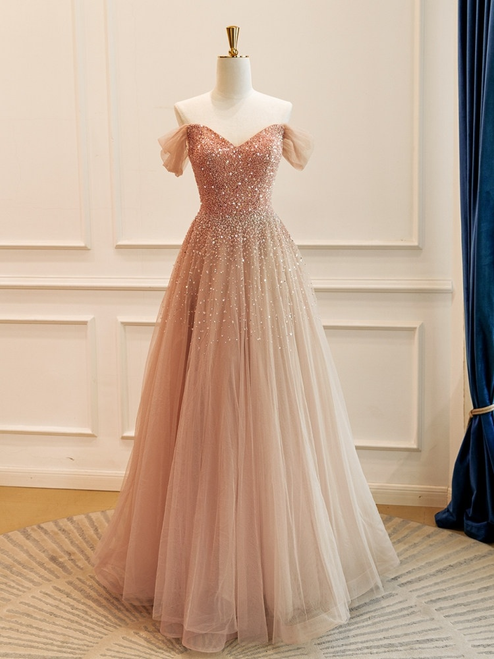 Pink Tulle Off the Shoulder Beading Prom Dress