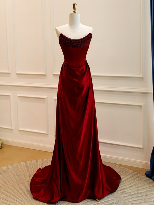 Burgundy Satin Strapless Pleats Beading Prom Dress