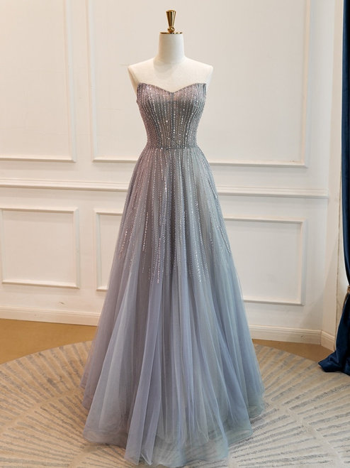 Purple Tulle Strapless Beading Sequins Prom Dress