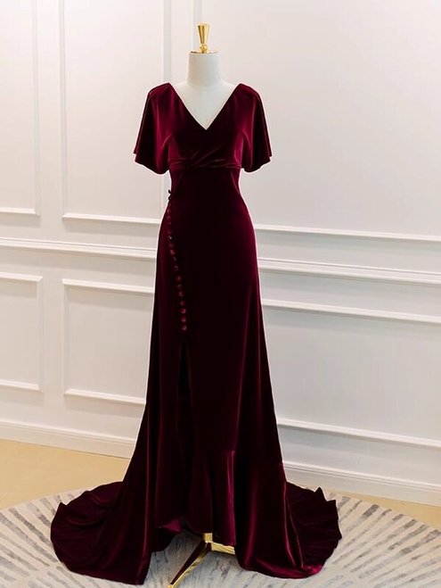 Purple Red Velvet V-neck Button Prom Dress