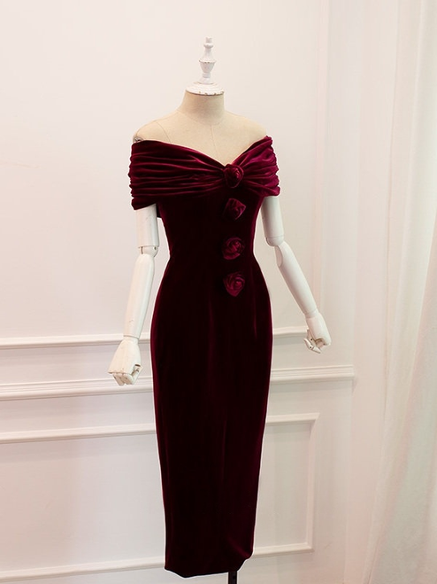 Burgundy Velvet Off the Shoulder Pleats Short Prom Dress