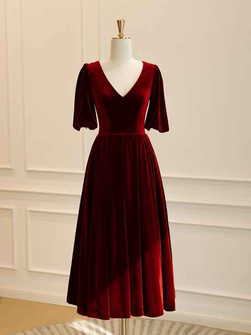 Burgundy Velvet Short Sleeve Short Prom Dress