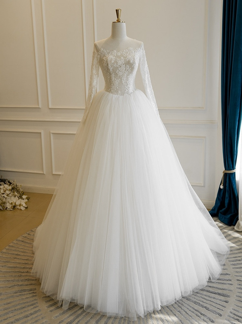 White Tulle Lace Long Sleeve Wedding Dress