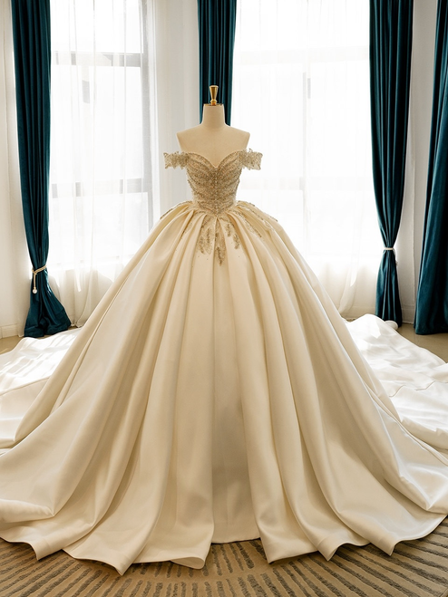 Ivory Satin Off the Shoulder Beading Wedding Dress