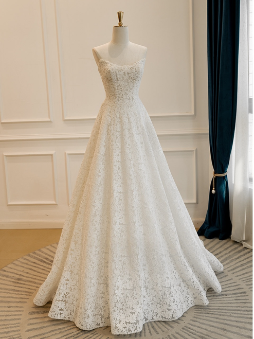 White Lace Strapless Beading Wedding Dress