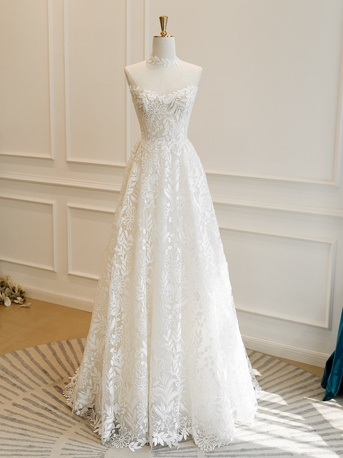 Simple White Lace Strapless Wedding Dress