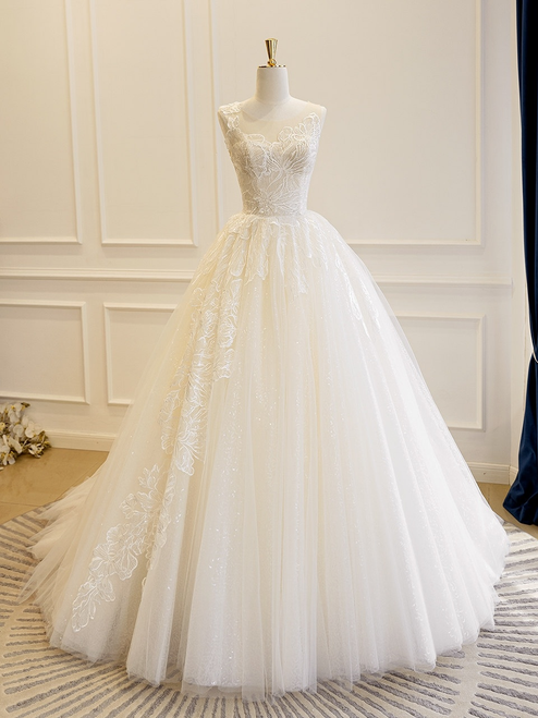 Ivory Tulle Sequins Lace Wedding Dress
