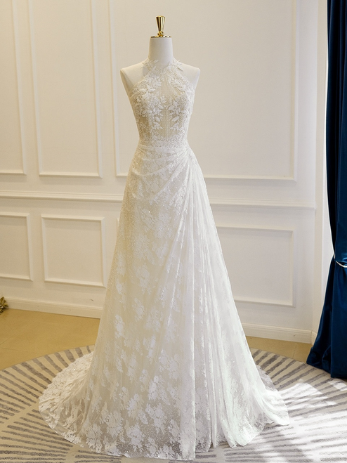 White Lace Halter Beading Wedding Dress
