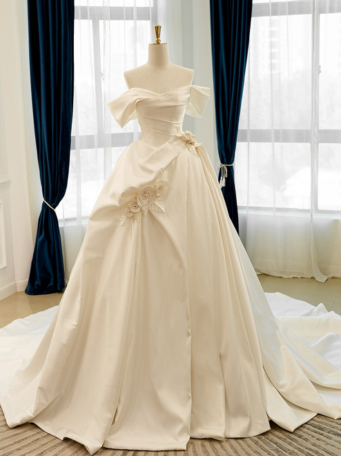 Ivory Satin Off the Shoulder Flower Wedding Dress