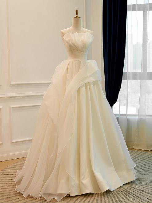 Ivory White Strapless Pleats Wedding Dress