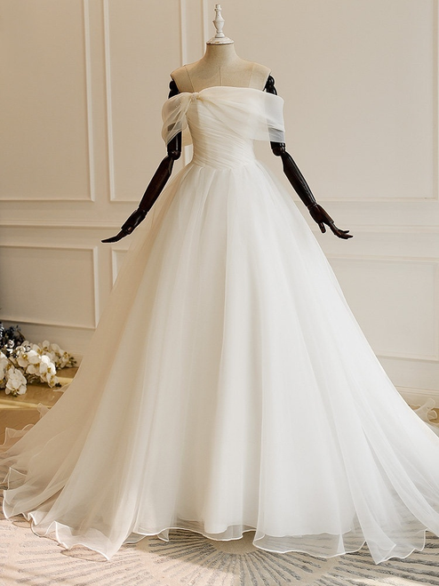 Ivory Tulle Off the Shoulder Pleats Wedding Dress