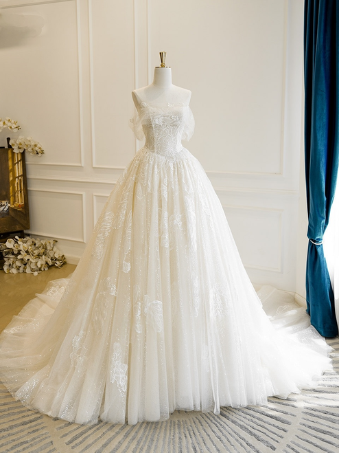 Ivory White Tulle Lace Off the Shoulder Wedding Dress