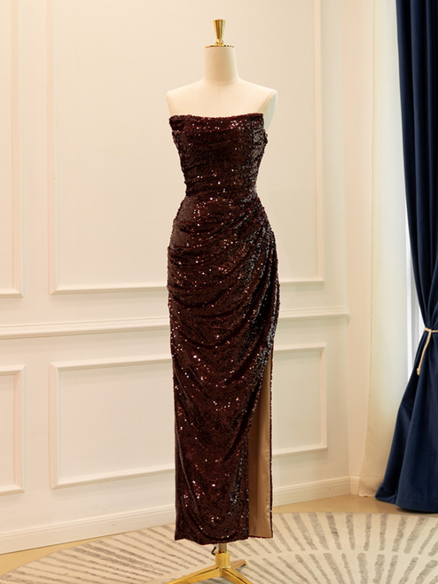 Burgundy Sequins Off the Shoulder Pleats Split Prom Dress