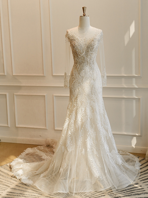 Mermaid Tulle Sequins Long Sleeve Beading Sequins Wedding Dress