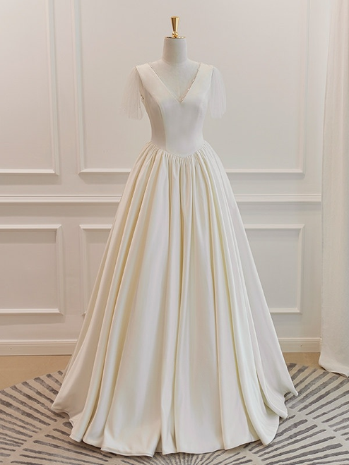 Ivory White Satin V-neck Wedding Dress
