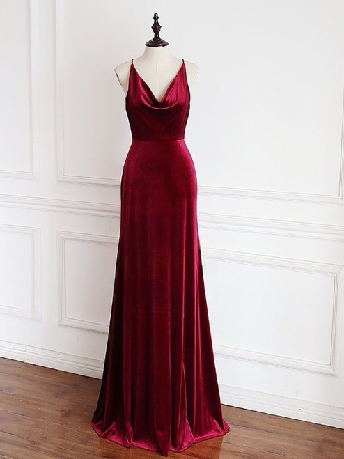 Burgundy Velvet V-neck Backless Prom Dress